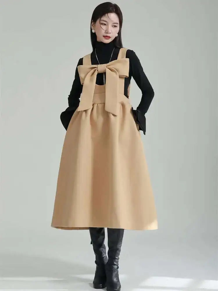 Women Gray Bow Bandage Spliced Long Elegant Woolen Dress New Sleeveless Loose Fit Fashion Tide Autumn Winter 2025 1DF3527