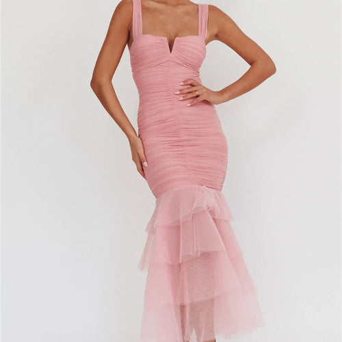 Load image into Gallery viewer, Mesh Backless Sexy Maxi Dress For Women Gown Two Layer Spaghetti Strap Sleeveless Ruched Bodycon Club Party Dress
