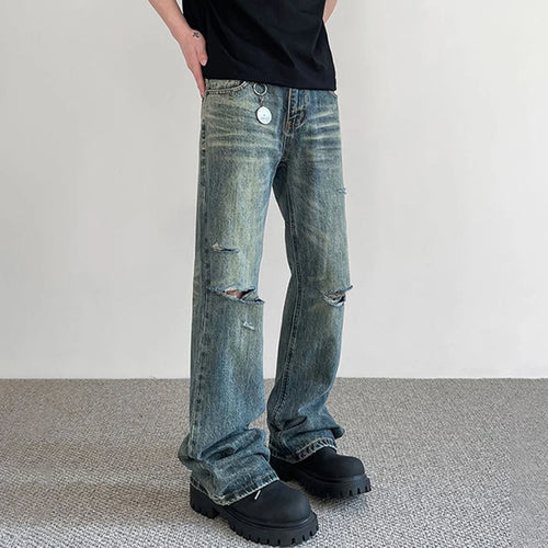 Load image into Gallery viewer, Summer Male Hole Jeans New American High Street Denim Pants Trendy Straight Micro Flared Trousers Make Old Design 9W1424
