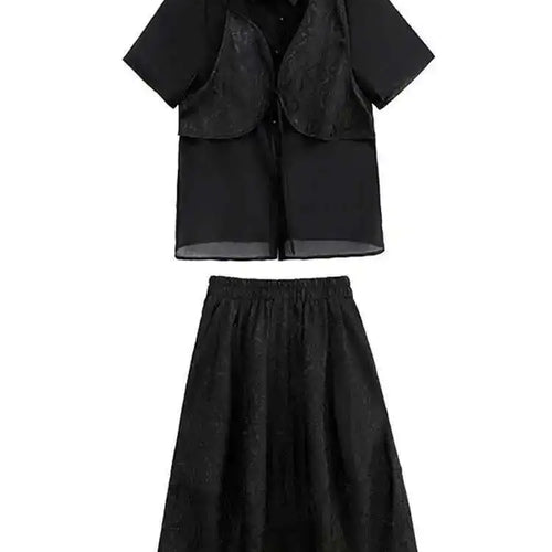 Load image into Gallery viewer, Black Shirt Big Size Half-body Skirt Two Pieces Suit New Lapel Short Sleeve Women Fashion Tide Spring Summer 2025 1DH5405
