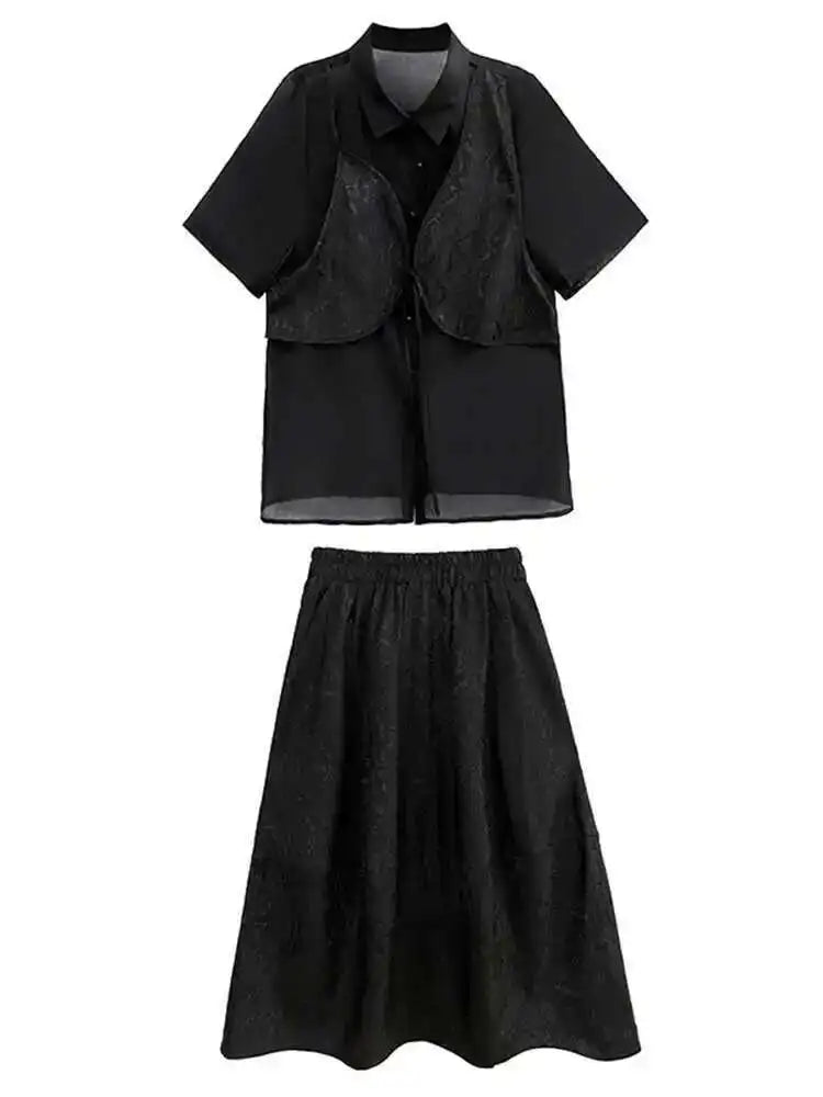 Black Shirt Big Size Half-body Skirt Two Pieces Suit New Lapel Short Sleeve Women Fashion Tide Spring Summer 2025 1DH5405