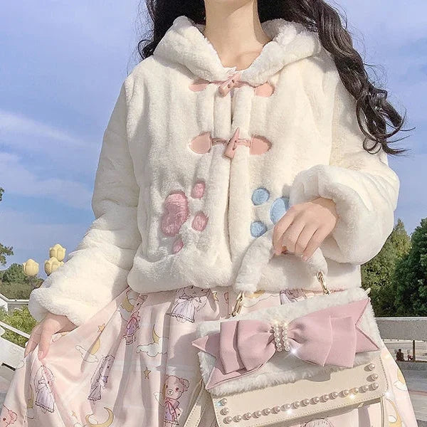 Lolita Fluffy Women Hooded Crop Coat 2025 Y2k Aesthetic Grunge Horn Toggle Button Jacket Rabbit Ear Harajuku Jackets Cute Tops