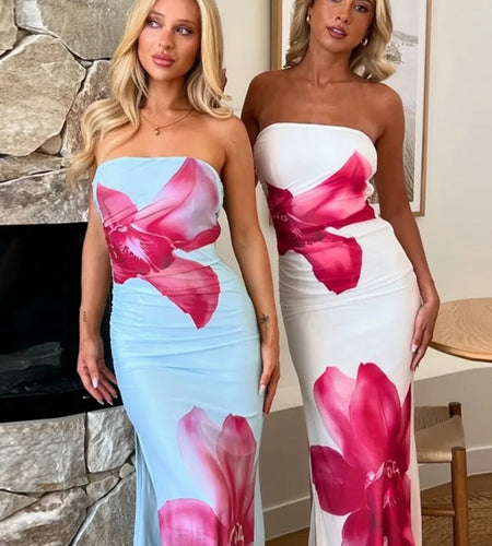 Off-shoulder Print Sexy Maxi Dress Women Gown Summer New Strapless Sleeveless Backless Bodycon Long Dress Elegant