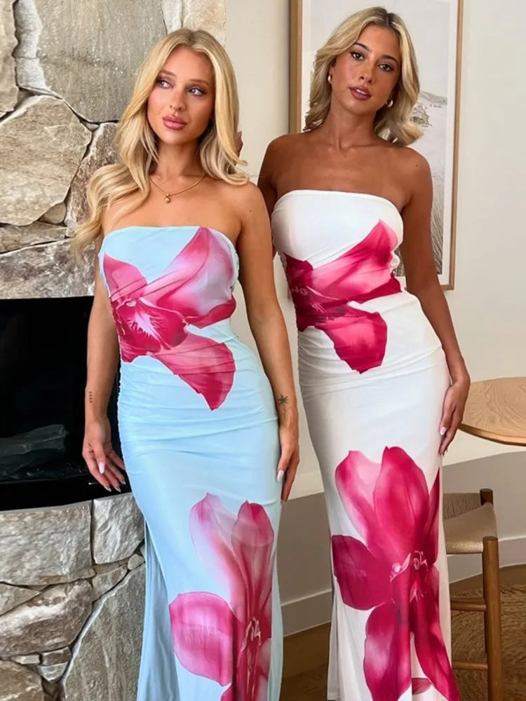 Off-shoulder Print Sexy Maxi Dress Women Gown Summer New Strapless Sleeveless Backless Bodycon Long Dress Elegant