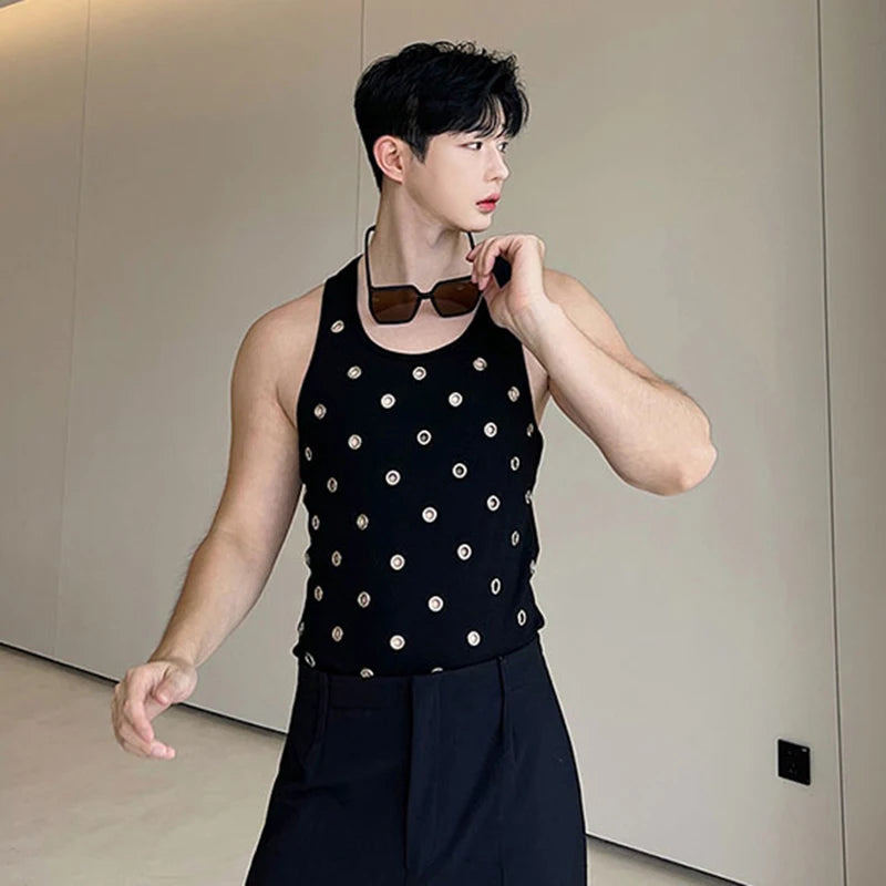 Hollow Out Vest Trend Men's Niche Design Metal Hole Personality Pullover Tank Top Korean Style Sleeveless Streetwaer 9C1564