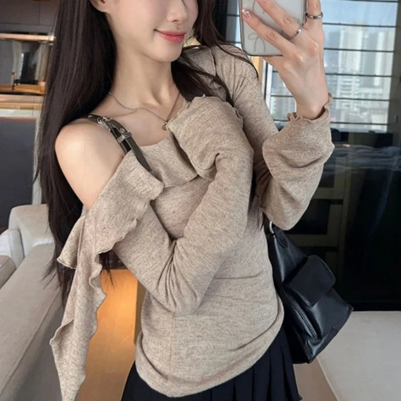 y2k Top Women Fairycore Grunge Clothes Ruffle Slash Neck One Shoulder Long Sleeve T Shirt 2000s Clothing Streetwear