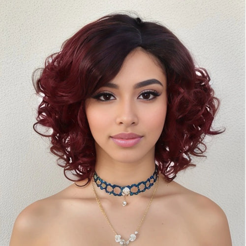 Load image into Gallery viewer, Synthetic Hair Afro Wig Kinky Curly Wigs for Black Women Short Hairstyle Wine Red Ombre Wig Dark Root Soft Hair Bob Wig
