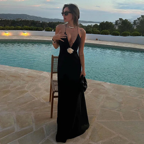 Load image into Gallery viewer, Deep V Neck Tie Flower Backless Maxi Dress Women New Spaghetti Strap Sleeveless Long Dress Elegant Sexy Club Slipdress
