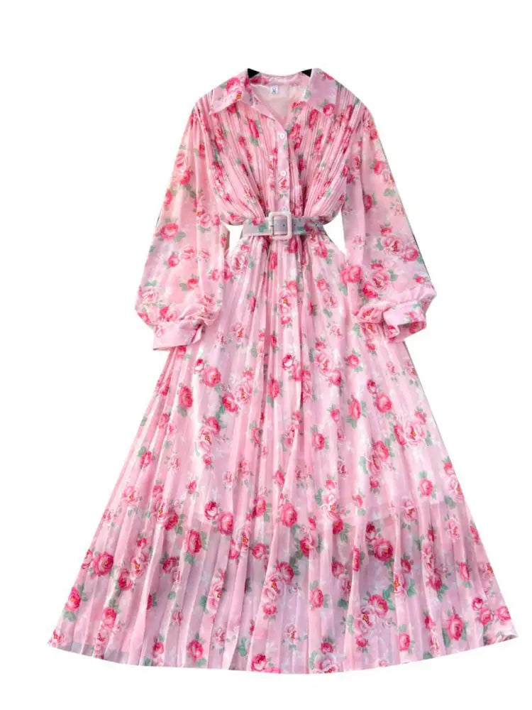 French Retro Romantic Women's Flower Lantern Long Sleeved Pleated Shirt Dress Autumn Print Birthday Party Evening Dress Bohemian