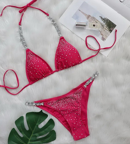 Female Swimsuit 2024 Luxury Rhinestone Bikini Women Swimwear Flash Full Drill Push Up Bikini Set Thong Bathing Suit