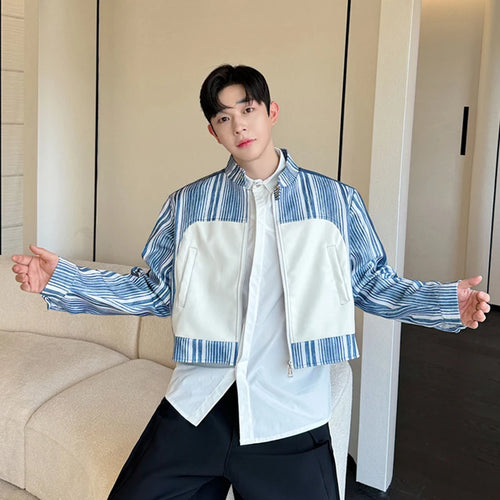 Load image into Gallery viewer, Korean Style Men&#39;s PU Leather Spliced Striped Short Jackets Male Contrast Color Loose Coats 2024 Autumn Fashion 9C6974
