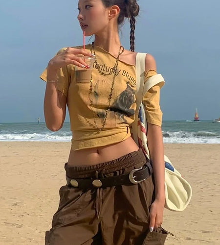 Biased Collar t-Shirts Women Rough Edges Letter Horses Print Leisure Summer Trend Simple Classic Versatile Street Tops