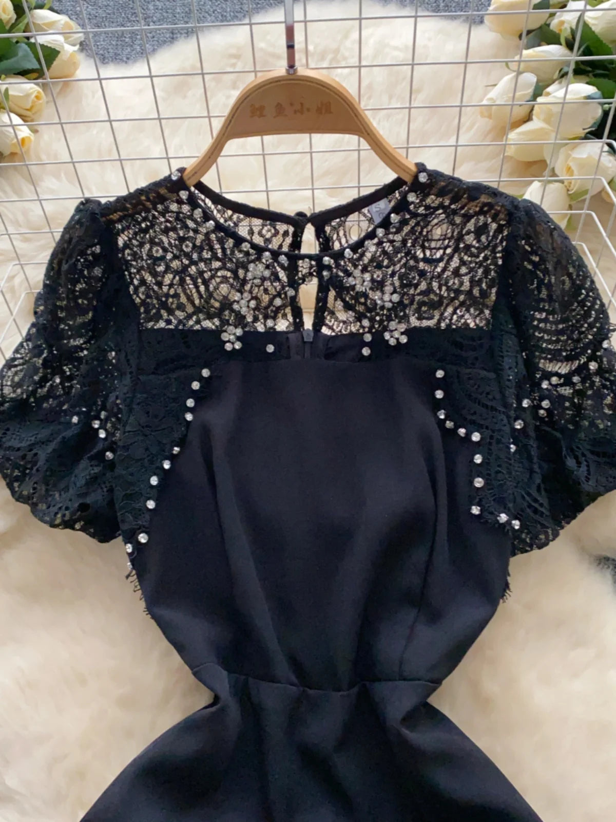 Summer Beige Lace Patchwork Sexy Club Mini Dress French Women Black Diamond Hollow Out High Waist Party Short Dresses 2024 New