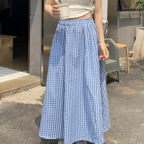 Load image into Gallery viewer, Korean Women Blue Pink Black Plaid Elastic High Waist Skirt Summer Holiday A-line Pleated Long Skirts Casual Streetwear Popular
