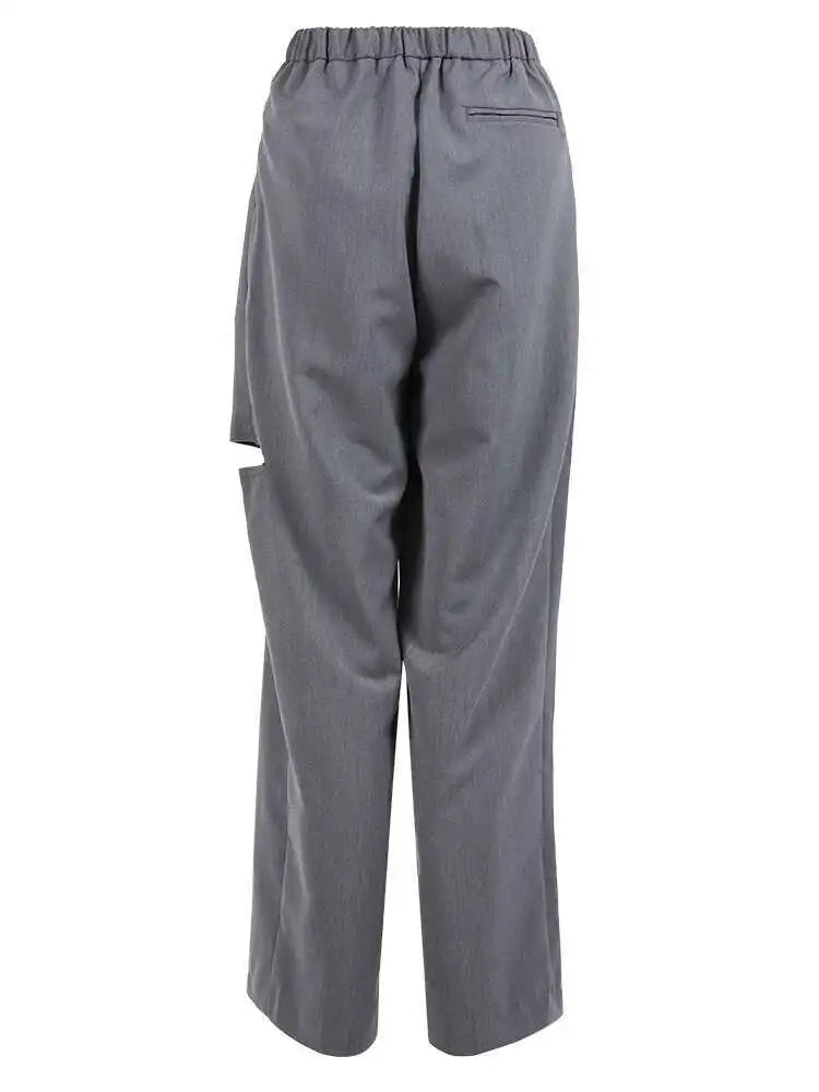 High Waist Gray Hollow Out PleatedCasual Pants New Loose Fit Trousers Women Fashion Tide Spring Autumn 2025 1DF4461