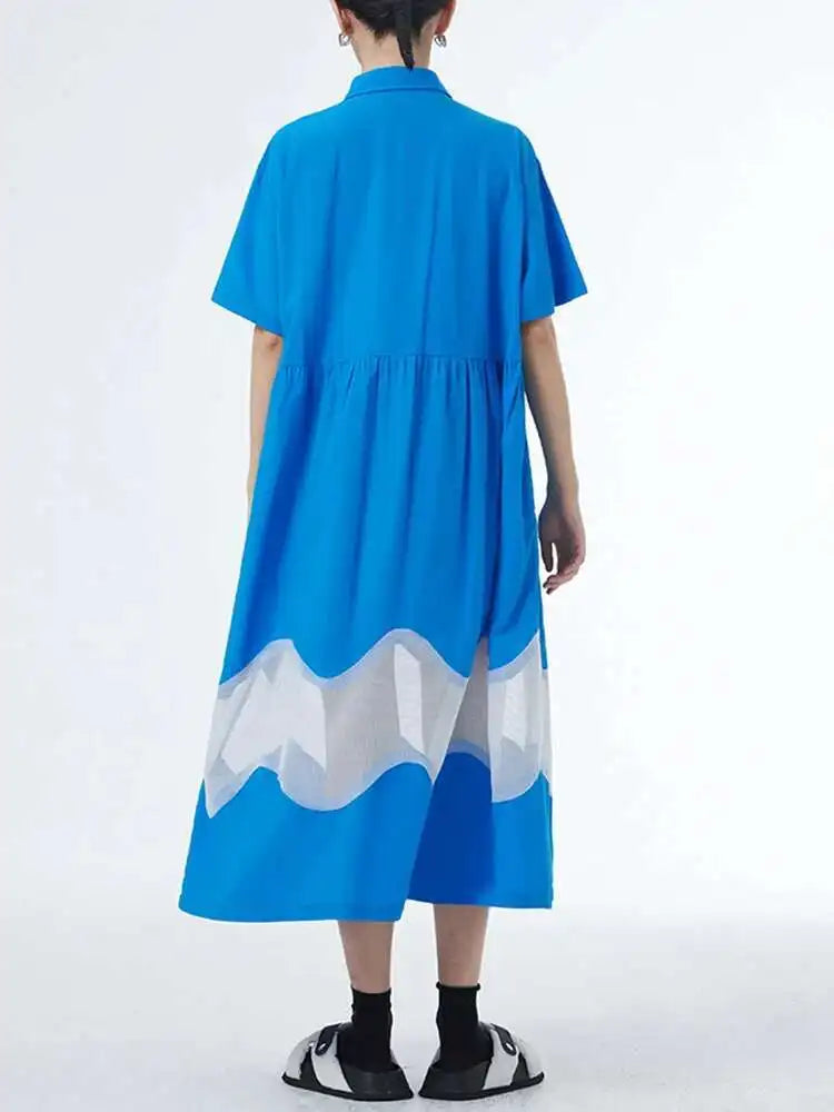 Women Blue Perspective Big Size Shirt Dress New Lapel Short Sleeve Loose Fit Fashion Tide Spring Summer 2025 1DF8791