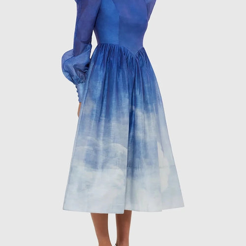 Load image into Gallery viewer, Hit Color Chic Tie Dye Long Dresses For Women Round Neck Lantern Sleeve High Waist Elegant Dress Female Fashion Style New
