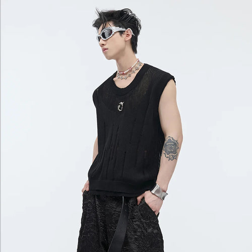 Load image into Gallery viewer, Summer Streetwear Men Knitted Vest Round Collar Tank Top Men&#39;s Sleeveless T-shirt Metal Design Summer 24Y164
