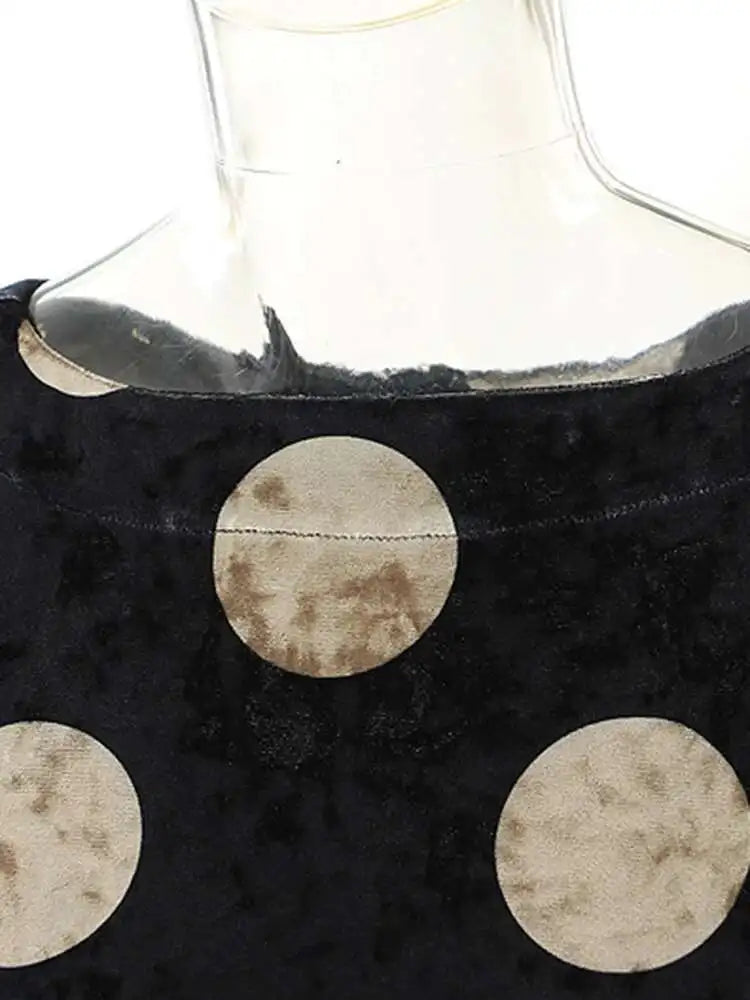 Women Black Dot Velvet Big Size Elegant Dress New Round Neck Long Sleeve Loose Fit Fashion Tide Spring Autumn 2025 1DH2819