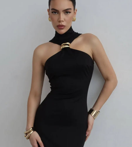 Turtleneck Off-shoulder Sexy Maxi Dress Women Gown Summer New Ring Metal Sleeveless Backless Skinny Knit Long Dress