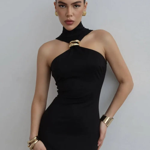 Load image into Gallery viewer, Turtleneck Off-shoulder Sexy Maxi Dress Women Gown Summer New Ring Metal Sleeveless Backless Skinny Knit Long Dress

