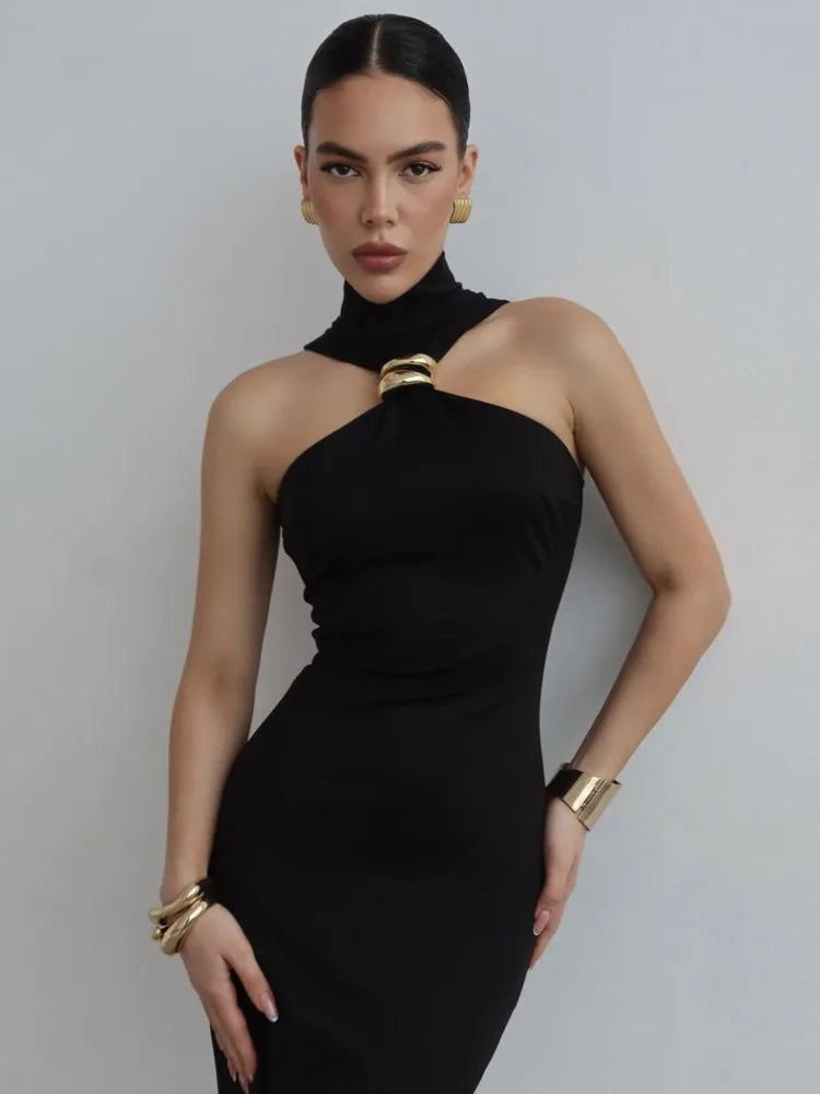 Turtleneck Off-shoulder Sexy Maxi Dress Women Gown Summer New Ring Metal Sleeveless Backless Skinny Knit Long Dress