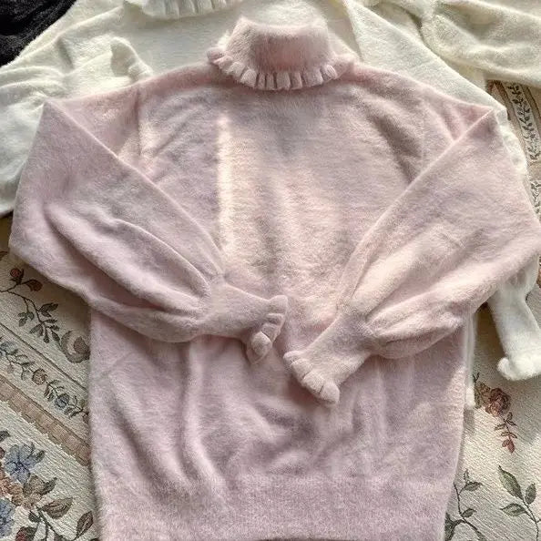 Soft Basic Pullover Women Japanese Ruffle Turtleneck Puff Sleeve Sweater Jk Lolita Inside Jumper  Fairy Sueter Top