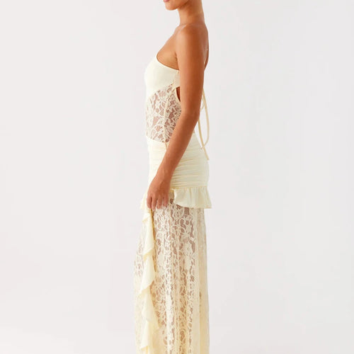 Load image into Gallery viewer, One Shoulder Backless Sexy Maxi Dress Women Lace Patchwork Fashion Sleeveless Lace-up Draped Ruffle Club Long Dress
