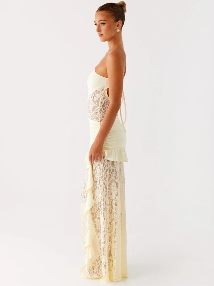 One Shoulder Backless Sexy Maxi Dress Women Lace Patchwork Fashion Sleeveless Lace-up Draped Ruffle Club Long Dress