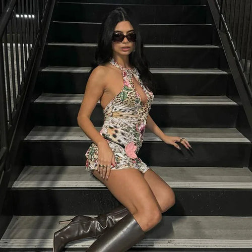 Load image into Gallery viewer, Hollow Out Halter Print Mini Dress For Women Robe Fashion Sleeveless Backless High Waist Ruffled Club Party Dress
