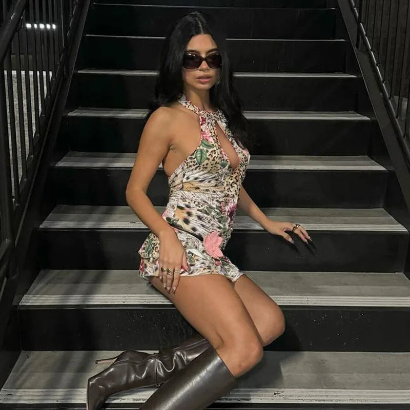 Hollow Out Halter Print Mini Dress For Women Robe Fashion Sleeveless Backless High Waist Ruffled Club Party Dress