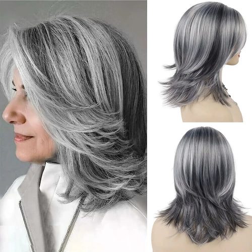 Load image into Gallery viewer, Synthetic Wigs for Women Long Hair Old Lady Wig Layered Hair with Curtain Bangs Mix Grey Color Natural Wigs for Daily
