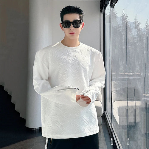 Load image into Gallery viewer, Men T-shirt Korean Fashion Jacquard Pattern Cuffs Split Zippers Round Neck Casual Long Sleeve Male Tops 9C5080
