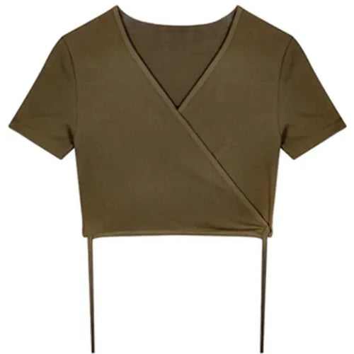 Load image into Gallery viewer, 2025 Summer Casual Tee Tops Women T shirts Solid V-neck Sexy Cropped Cross Tie-Up Harajuku Basic Korean Street T-shirts mujer

