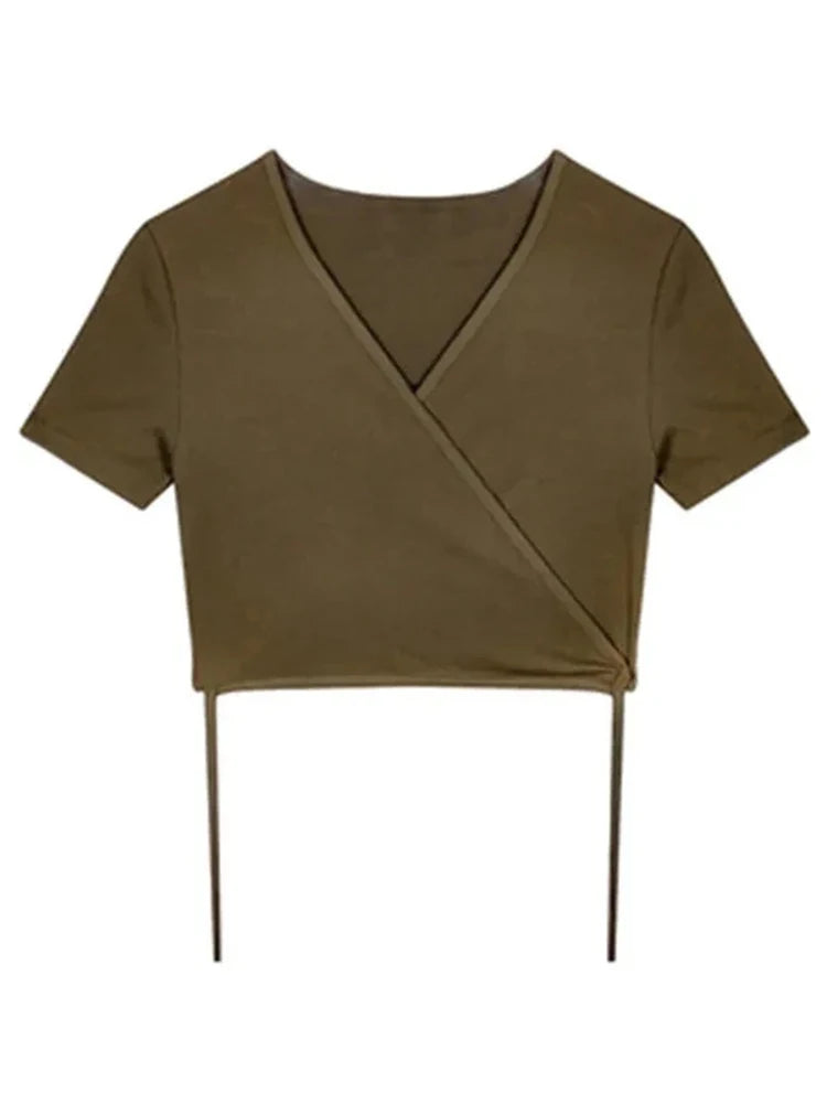 2025 Summer Casual Tee Tops Women T shirts Solid V-neck Sexy Cropped Cross Tie-Up Harajuku Basic Korean Street T-shirts mujer