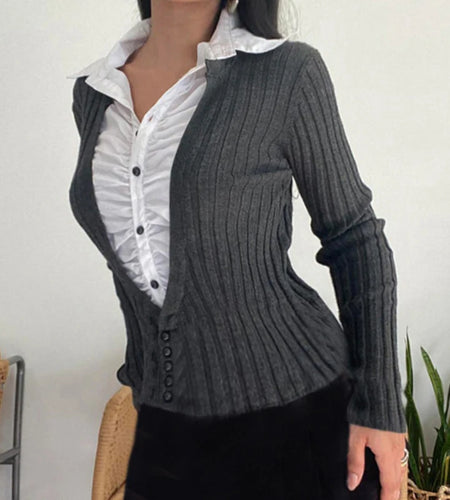 Fashion Fold Patched Slim Autumn Pullover Women Tops Buttons Leisure Knit Contrast Preppy Style T shirt Korean Cloth