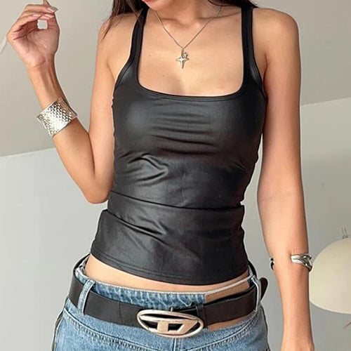 Load image into Gallery viewer, Streetwear Black PU Leather Vest Women Square Neck Slim-Fitting Summer Tank Top Solid Basic Mini Outfits Hottie Goth
