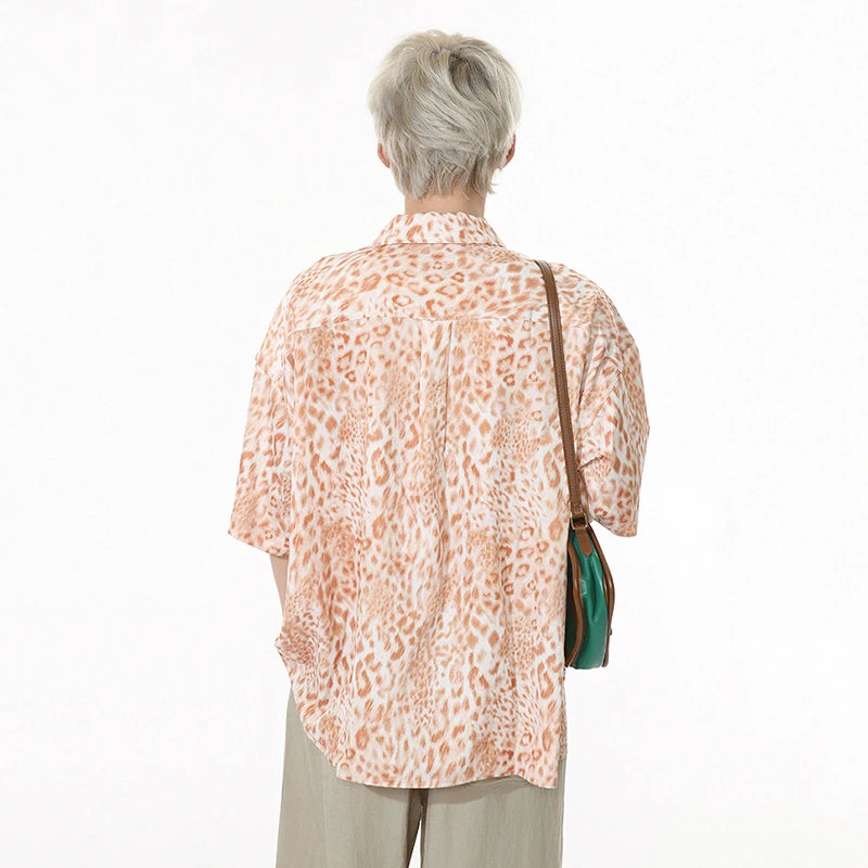 Leopard Print Men's Shirts Lapel Drape Contrast Color Short Sleeve Casual Clothing Single Breasted Loose Male Tops 9W1258