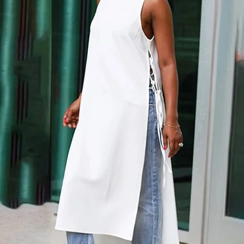 Load image into Gallery viewer, Lace-up Sleeveless Maxi Length Shirts Blouse for Women Summer High-low Split-joint Woman White Chic Long Tops
