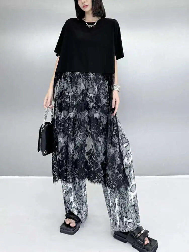 Women Black Hem Lace Perspective Big Size Midi Dress New Round Neck Short Sleeve Fashion Tide Spring Summer 2025 1DH6140