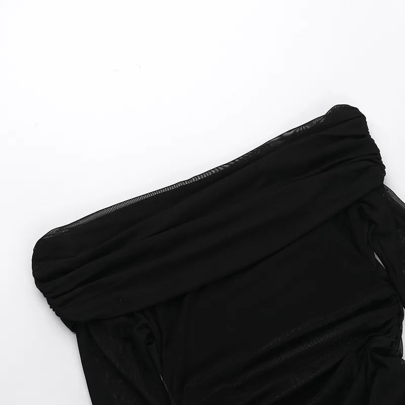 Off-shoulder Mesh See Through Sexy Maxi Dress For Women Elegant Strapless Long Sleeve Backless Bodycon Club Party Dress