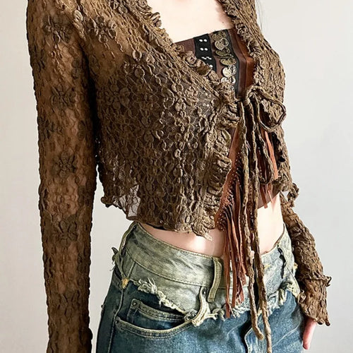 Load image into Gallery viewer, Casual Women Vintage Bandage Fashion Tops Thin Hollow Lace Streetwear Cardigan 2025 Autumn Y2k Aesthetic Sun Protection Cloth
