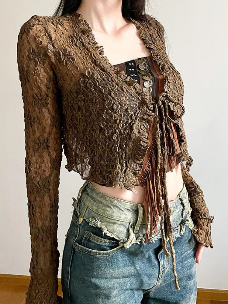 Casual Women Vintage Bandage Fashion Tops Thin Hollow Lace Streetwear Cardigan 2025 Autumn Y2k Aesthetic Sun Protection Cloth