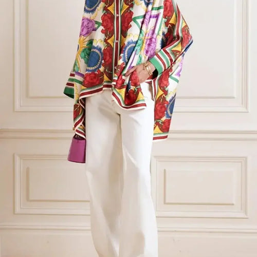 Load image into Gallery viewer, Stylish Selection Batwing Sleeves Flower Print Stand Collar Blouses Women Spring Summer High-low Buttoned Shirts Tops
