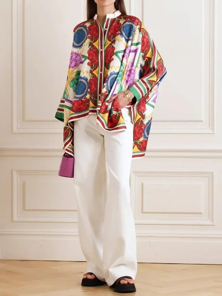 Stylish Selection Batwing Sleeves Flower Print Stand Collar Blouses Women Spring Summer High-low Buttoned Shirts Tops