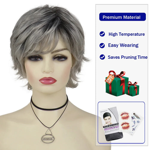 Load image into Gallery viewer, Synthetc Wigs for White Women Ombre Gray Short Hair Curly Wig with Bangs Layered Haircut Mommy Hairstyle Old Lady Wig
