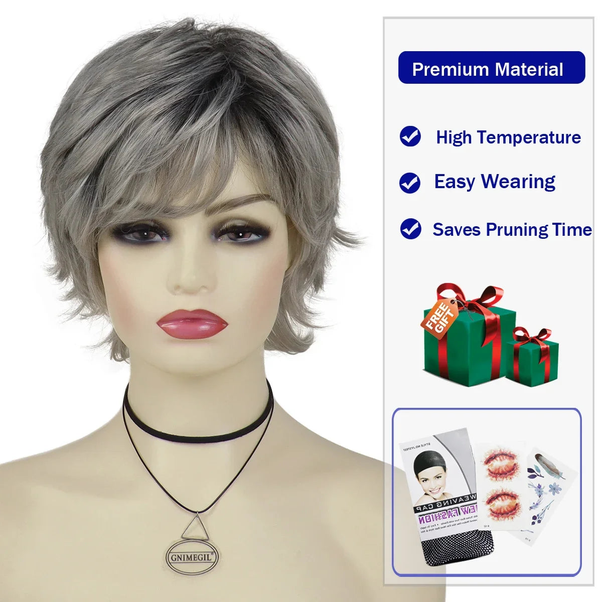 Synthetc Wigs for White Women Ombre Gray Short Hair Curly Wig with Bangs Layered Haircut Mommy Hairstyle Old Lady Wig