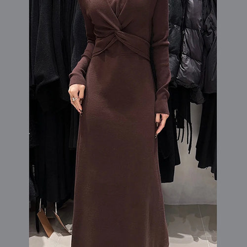 Load image into Gallery viewer, Solid Slimming Knitted Dresses For Women Stand Collar Long Sleeve High Waist Designer Dress Female Fashion Style
