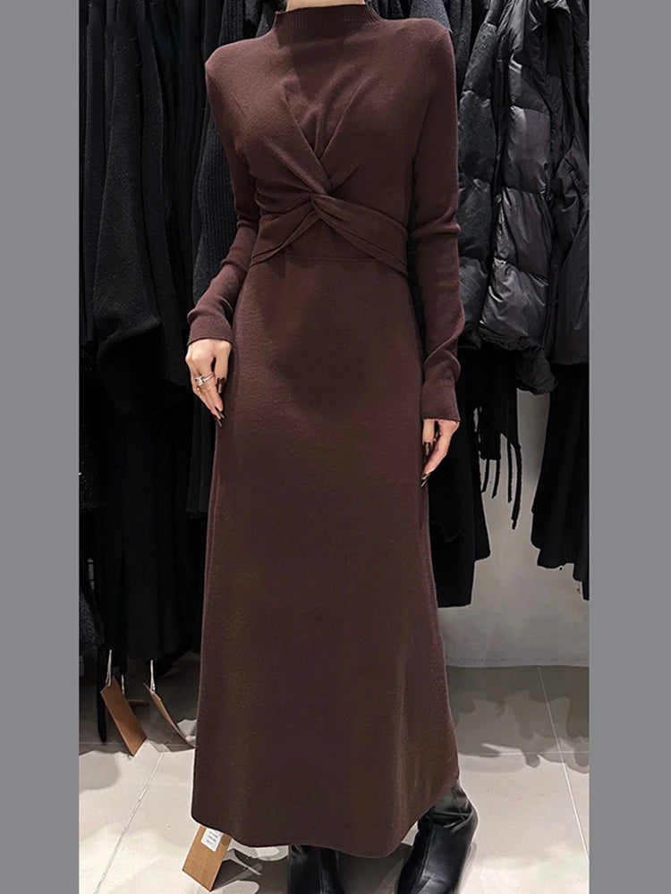 Solid Slimming Knitted Dresses For Women Stand Collar Long Sleeve High Waist Designer Dress Female Fashion Style