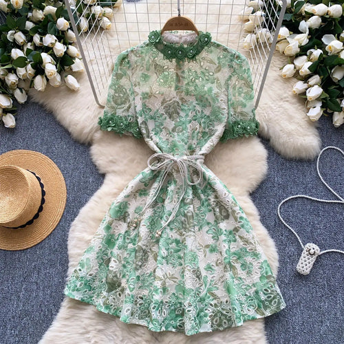 Load image into Gallery viewer, French Retro Women Embroidered Flower Bead Round Neck Short Sleeved Mini Dress Summer Hollowed Out Lace-up Evening Party Dresses
